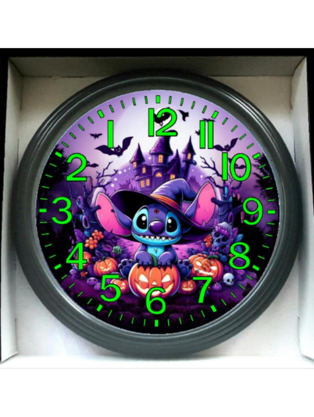 REVERSE TICKING Clock Lilo & Stitch Glow In The Dark Wall Clock New!